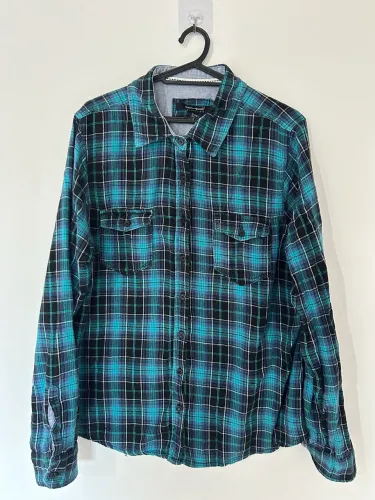 Camisa Xadrezd Flanela Azul Turquesa e Preto Manga Longa