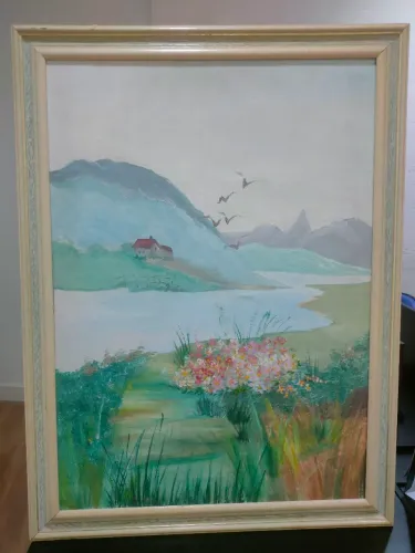 Quadro Paisagem com Casa e Flores