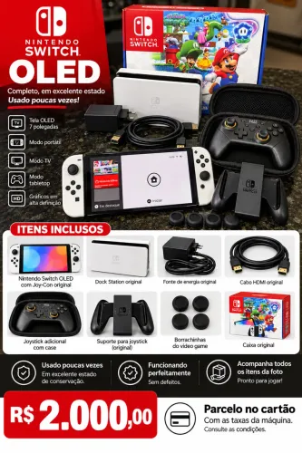 NINTENDO SWITCH OLED COMPLETO + JOYSTICK EXTRA ? R$ 2.000