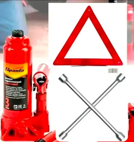Kit Obrigatório Macaco Hidráulico Automotivo com Chave de Roda e Triângulo Sinalizador 