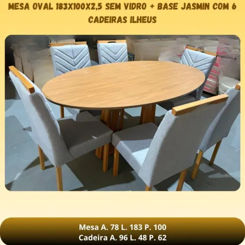 Mesa oval orgânica de 6 cadeiras 1.83m