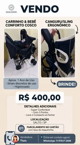 Carrinho de Bebê Cosco + Canguru/Sling Ergonômico - R$ 400