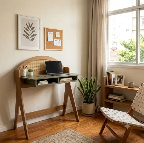 Escrivaninha Home Office Boho/Escandinava - Verde Sálvia e Palhinha (Ótimo Estado!)