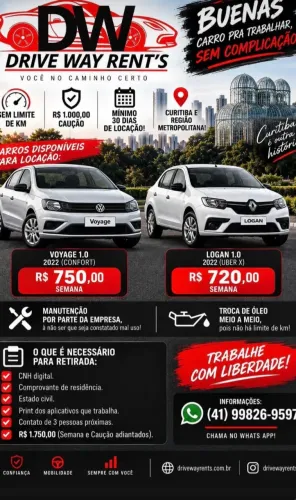 Aluguel, locação de carros, Uber, 99, indriver