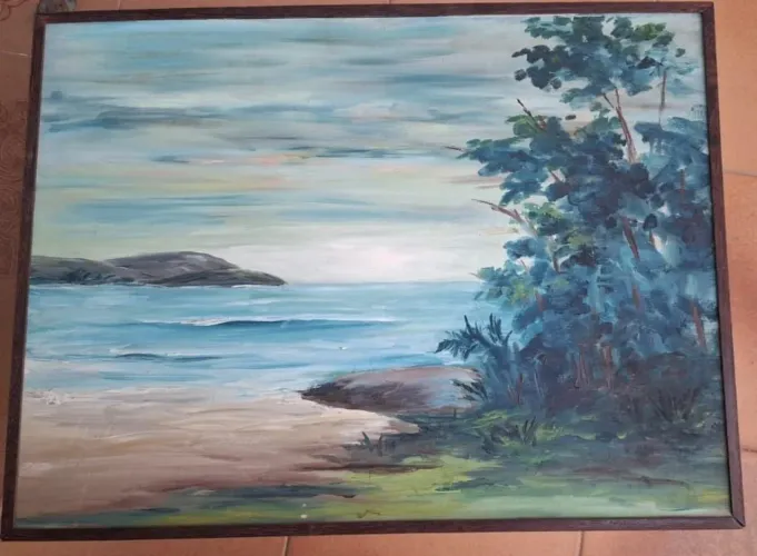 Quadro Vintage em Madeira | Paisagem Praiana com Esboço Original no Verso