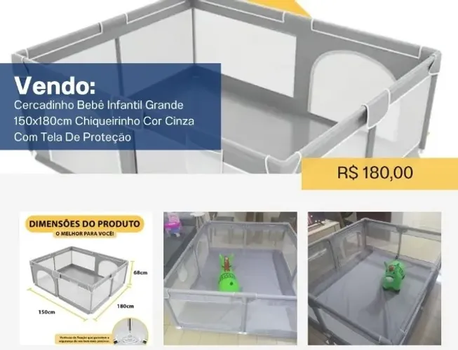 Vendo cercadinho para bebê cor cinza, com tela de proteção.