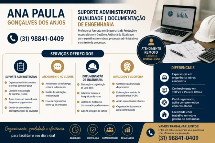 Faço serviços de Assistente Administrativo- Qualidade e Documentação de Engenharia