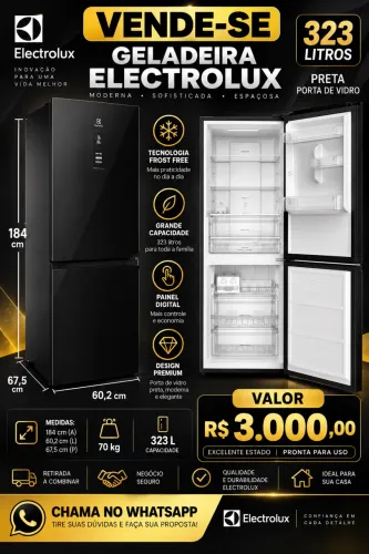 Geladeira Eletrolux 323L preta, de vidro.