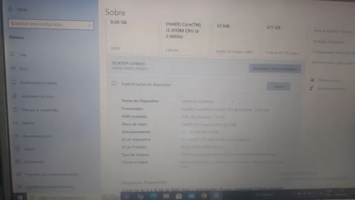 Notebook i3 8GB RAM SSD 512GB - Funcionando, com avarias