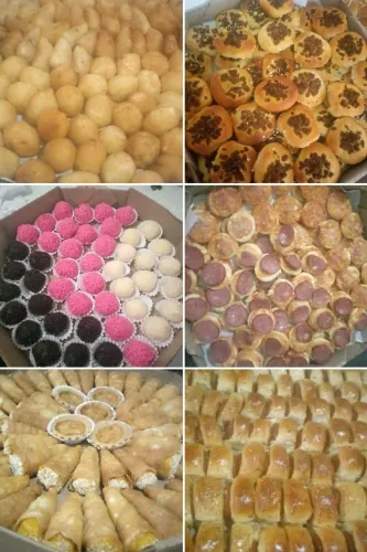 Brigadeiros, salgados, pizza, canudinho, empada etc.