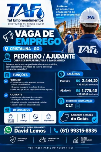 Vaga para Pedreiro e ajudante