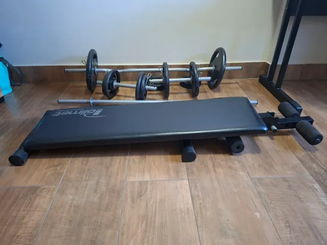 Kit Musculação Completo - Anilhas 50kg + 4 Barras + Banco Polimet