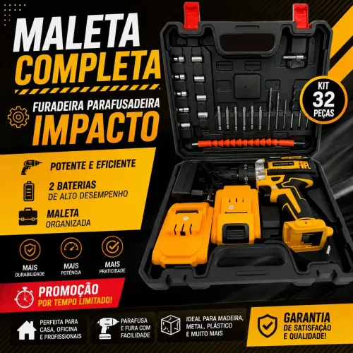 ? MALETA COMPLETA: Furadeira Parafusadeira Impacto + 2 Baterias (Promoção)
