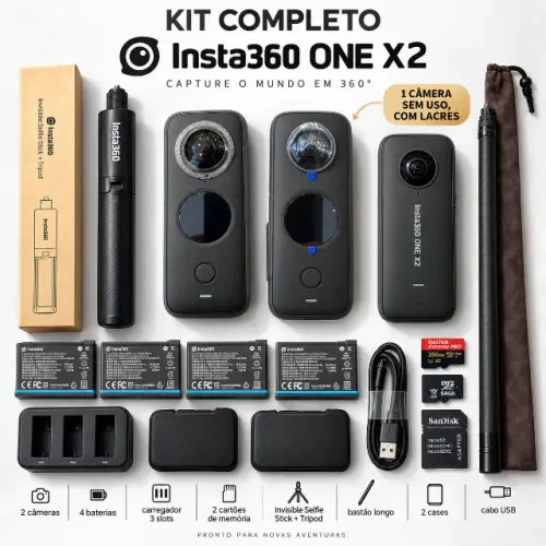 2x Insta360 ONE X2 5.7K + 4 Baterias + 256GB + Dive Case + Bastões | Kit Completo