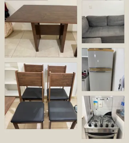 Geladeira, fogão, mesa, cadeiras, sofá