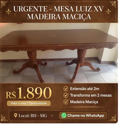 Mesa madeira maciça réplica Luiz XV, tampo da mesa flexível podendo fazer 3 em 1.