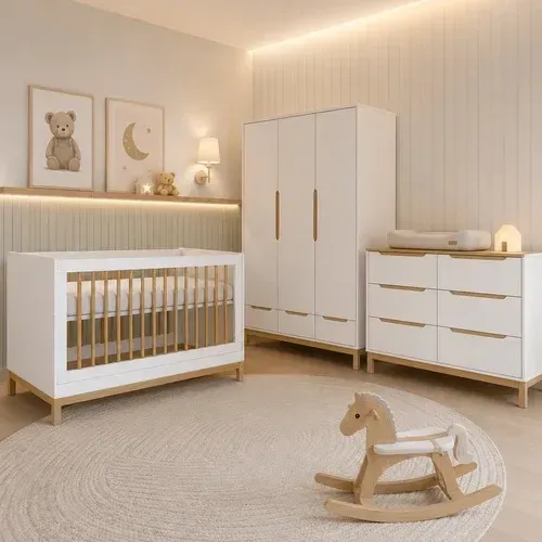 Jogo De Quarto Para Bebê - Cozy Branco Com Carvalho - Quater