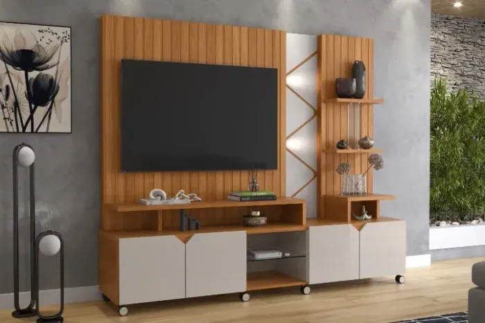 Home Cross Ripado Tv 55 Led 3D 2,10m Cor Jequitiba/Off White Perolizado Lukaliam