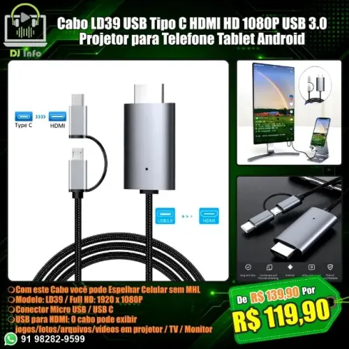 Cabo LD39 USB Tipo C HDMI HD 1080P USB 3.0 Projetor para Telefone Tablet Android