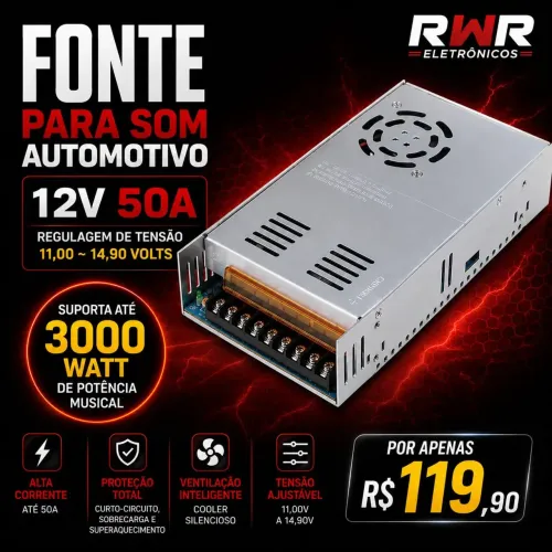 Fonte Para som automotivo 50A 'Entrega Grátis' (RWR SOM)