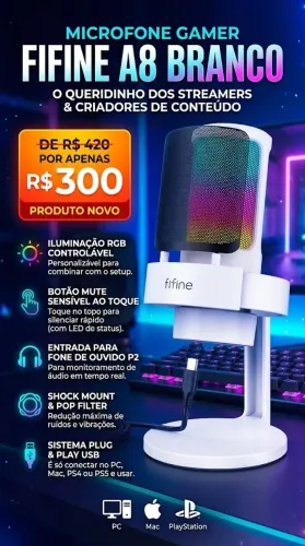 Microfone Com Led Rgb Condensador Cardioide Fifine A8 White / BRANCO