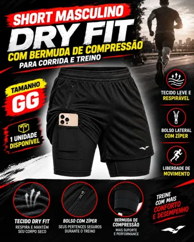 1 Short Masculino Dry Fit com Bermuda de Compressão para Corrida e Treino / Tamanho GG