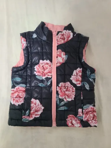 Colete infantil dupla face (rosa e floral) com bolso tam 3 anos