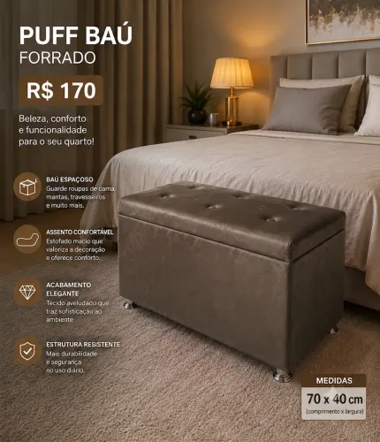 Puff baú forrado 70x40 novos para quarto