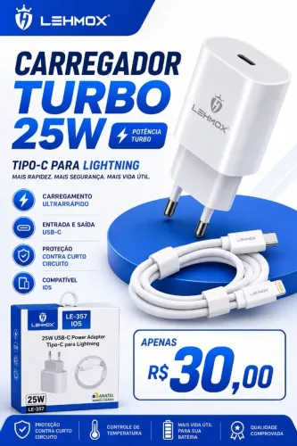 Carregador Turbo 25W USB-C + Cabo Lightning iPhone - Original Lacrado - Anatel