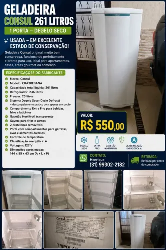 GELADEIRA CONSUL 261 LITROS - 1 PORTA - R$ 550,00