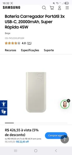 Bateria Carregador Portátil Samsung 3x USB-C, 20000mAh, Super Rápida 45W (Lacrado)