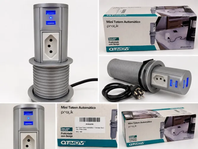 Mini Torre Tomada Embutir QTMov Automática 2 USB + Tomada 10A