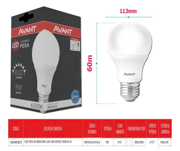 Lâmpada Led 9w Avant 6500k