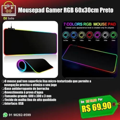 Mousepad Gamer RGB 60x30cm Preto