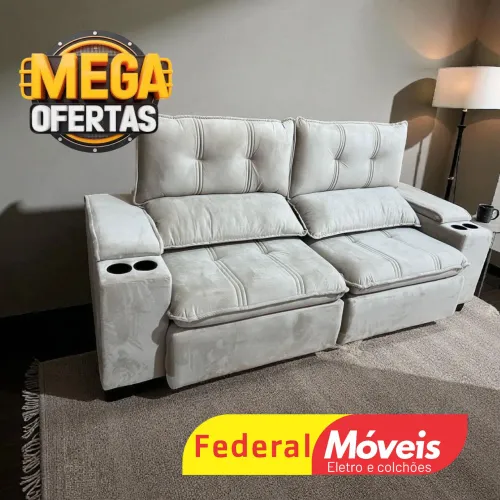 Sofá Retrátil e Reclinável com Porta Copos Embutidos 2,24m Oferta - Entregamos