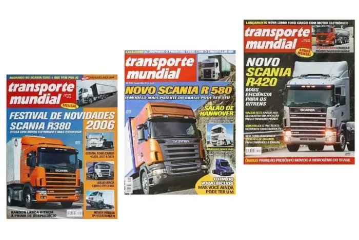 Kit 3 revistas Transporte Mundial - Caminhões Scania R380, R420 e R580