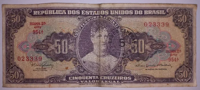 Cédula do Brasil 50 Cruzeiros com carimbo 5 centavos