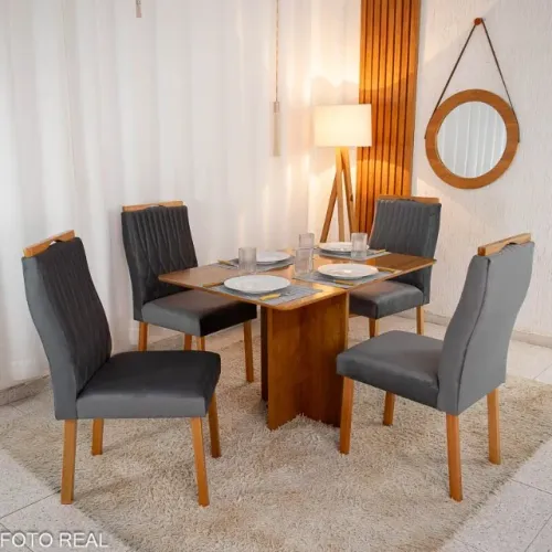 Mesa de Jantar Salina 120x80 Cinamomo + 4 Cad. Genova Veludo Cinza 507 Até 12x