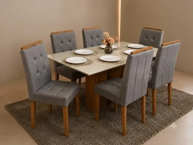 Mesa de Jantar Los Angeles com 6 Cadeiras Londres Linho Cinza