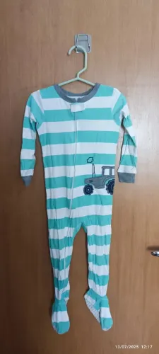 Macacão Pijama Infantil Carter's Listras Trator Verde Água/Branco Tam 24 meses 2 anos