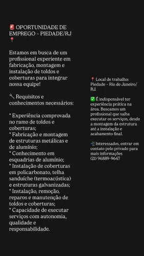 MONTADOR E INSTALADOR DE TOLDOS E COBERTURAS