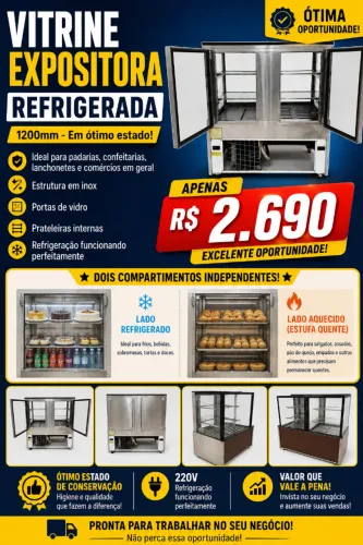 Vitrine Expositora Dupla: Refrigerada + Estufa Quente 1,20m | 220V | Ótimo Estado