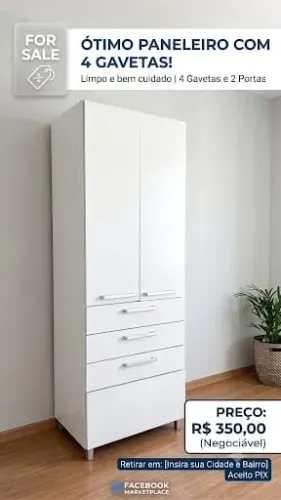 Paneleiro Bartira 2 Portas, 4 Gavetas e 2 Prateleiras - Branco
