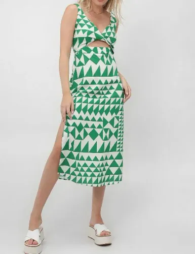 Vestido de linho com estampa geométricas - P