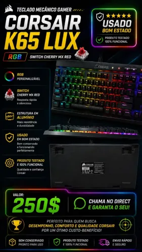 Teclado Mecânico Gamer Corsair K65 LUX, RGB, Switch Cherry MX Red, US - CH-9110010-NA