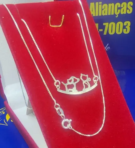 Gargantilha Veneziana 45 Cm e Fio 1 mm Pingente Cachorro e Gato 25x12 mm Prata 925 e Peso