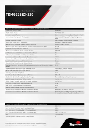 Gerador Diesel 220v trifásico 25KVA - TDMG25SE3-220