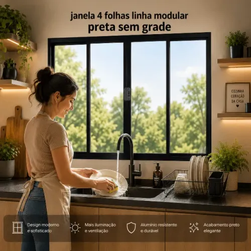 JANELA 4 FOLHAS 100x100 PRETA SEM GRADE - LINHA MODULAR | DIRETO DA FÁBRICA