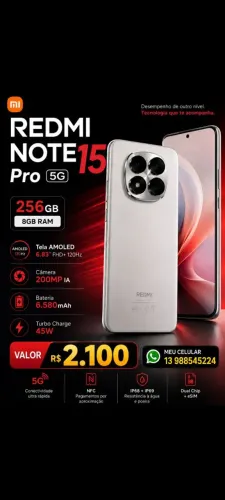 XIAOMI REDMI NOTE 15 PRO 5G CÂMERA DE 200MP TELA DE 6.83 POl