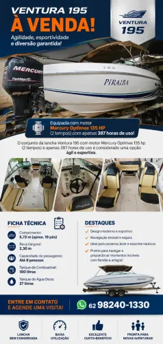 Troca Lancha ventura 195 Comfort 2011 motor mercury 135hp 387hrs